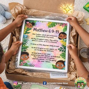 Colorful children’s Christian wall art featuring The Lord’s Prayer from Matthew 6:9–13, illustrated with diverse African American kids and tropical foliage. High-quality printed Bible verse poster for kids’ bedrooms, nurseries, Sunday school classrooms, homeschool decor, and faith-based gifts. Printed and shipped kids Christian art, bright, joyful, and educational.
Mini Saints Supplies
