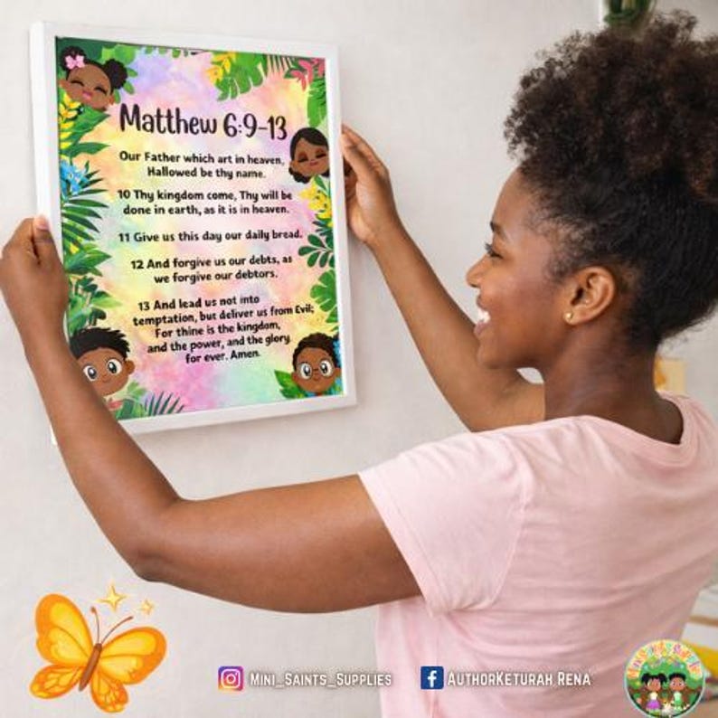 Colorful children’s Christian wall art featuring The Lord’s Prayer from Matthew 6:9–13, illustrated with diverse African American kids and tropical foliage. High-quality printed Bible verse poster for kids’ bedrooms, nurseries, Sunday school classrooms, homeschool decor, and faith-based gifts. Printed and shipped kids Christian art, bright, joyful, and educational.
Mini Saints Supplies