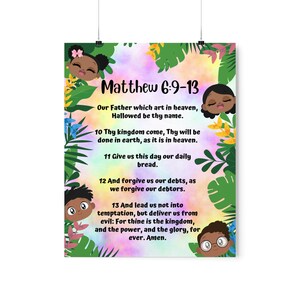 May include: A poster featuring the text of Matthew 6:9-13, surrounded by colorful tropical foliage and cartoon illustrations of children. The background has a watercolor effect with pastel colors.
