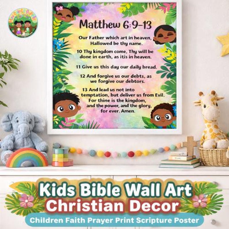 Colorful children’s Christian wall art featuring The Lord’s Prayer from Matthew 6:9–13, illustrated with diverse African American kids and tropical foliage. High-quality printed Bible verse poster for kids’ bedrooms, nurseries, Sunday school classrooms, homeschool decor, and faith-based gifts. Printed and shipped kids Christian art, bright, joyful, and educational.
Mini Saints Supplies