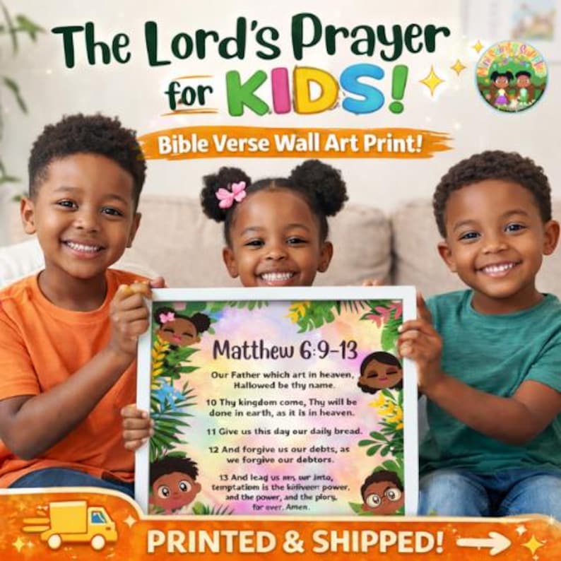 Colorful children’s Christian wall art featuring The Lord’s Prayer from Matthew 6:9–13, illustrated with diverse African American kids and tropical foliage. High-quality printed Bible verse poster for kids’ bedrooms, nurseries, Sunday school classrooms, homeschool decor, and faith-based gifts. Printed and shipped kids Christian art, bright, joyful, and educational.
Mini Saints Supplies