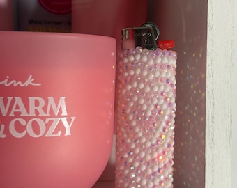 Handmade Rhinestone Heart White & Pink Girly Bling Lighter