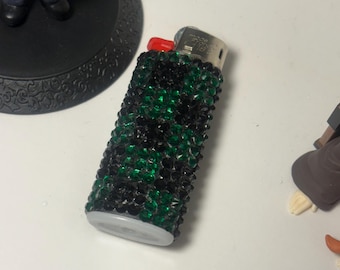 Handmade Demon Slayer-Inspired Gift | Green & Black Bedazzled Rhinestone Lighter