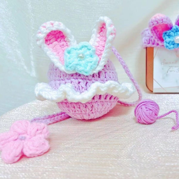 Coffret cadeau lapin pour tout-petit, anneau de poils d’oreille de lapin au crochet rose, joli petit sac de bijoux de lapin, bracelet souple d’oreille de lapin, décoration de bébé