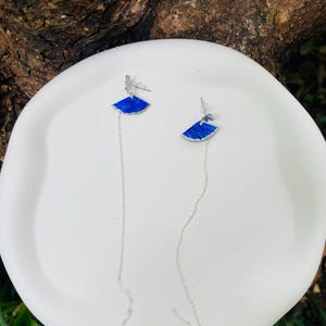 Minimalist Blue & White Ceramic Dangle Earrings with Pearl | 925 Sterling Silver Hook | Handmade Modern Jewelry