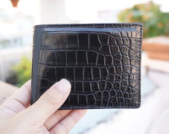 Double Sides Black Alligator Genuine Belly Leather Skin Men's Wallet, Handmade Leather Wallet For Men, Xmas Gift