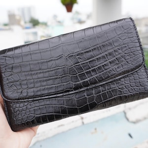 Handgefertigtes Luxus-Schwarz-echtes Alligator-Bauchleder Extra-Kapazität Damen maßgeschneiderte lange Brieftasche, perfektes Geschenk für sie, Weihnachtsgeschenk