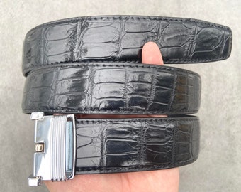 TSTCraft Men's Black Alligator Crocodile Print Leather Belt – Reversible, Silver Buckle