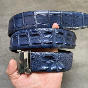 May include: A blue alligator leather belt with a silver buckle. The belt is folded in thirds, showing the texture of the leather.