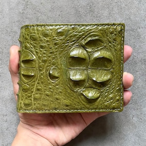 Portefeuille à deux volets pour hommes en cuir véritable avec corne d'alligator vert mousse/cadeau de Noël/portefeuille en cuir exotique haut de gamme