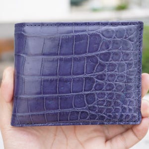 Cartera plegable de piel de cocodrilo azul marino de doble cara/cartera personalizada para hombre/regalo de aniversario para él/cartera para hombre
