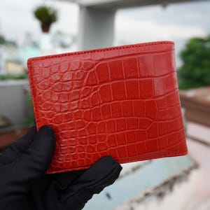 Cartera de piel de cocodrilo roja de doble cara con funda para documento de identidad/cartera personalizada para hombre/regalo de aniversario para él/cartera para hombre