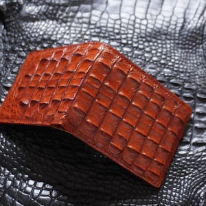 Cartera plegable de piel de asta de caimán color coñac de doble cara/Cartera personalizada para hombre/Regalo de aniversario para él/Cartera para hombre/Regalo para papá