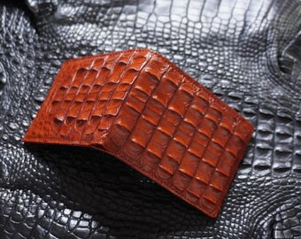 Double Sides Cognac Alligator Horn Leather Bifold Wallet/ Personalized Wallet For Men/ Anniversary Gift For Him/Mens Wallet/ Gift For Dad