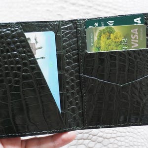 Tarjetero minimalista de lujo en negro y verde oscuro, mini, delgado, de doble cara, de piel de caimán, plegable, para hombre, tarjetero, cartera para identificación