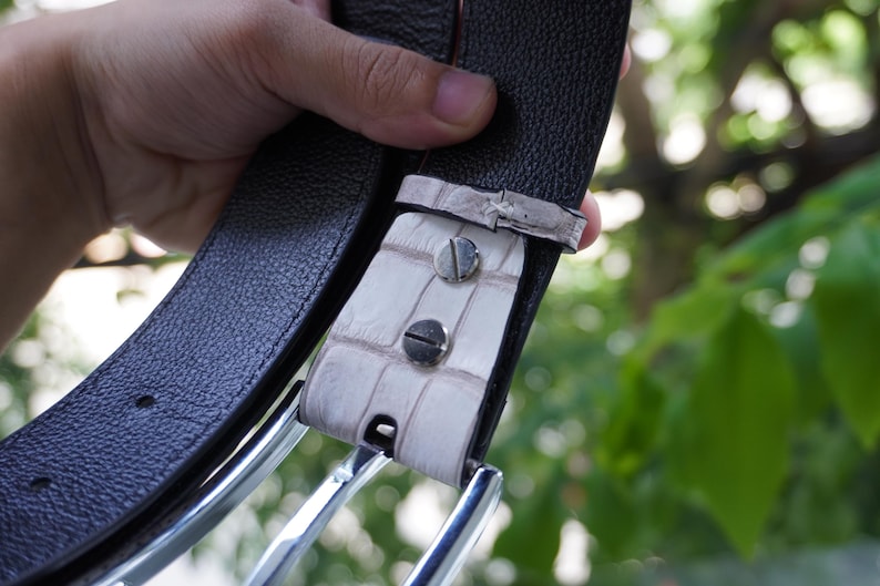 May include: Close-up of a black leather belt with a white alligator leather accent. The belt has a silver buckle and is held up by a hand. The belt is a fashion accessory.
