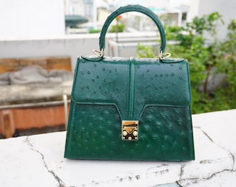 Green Ostrich Genuine Leather Skin Women's Handbag/ Lady's Crossbody Bag/ Elegant Woman Bag/ Gift For Her/ Birthday Gift