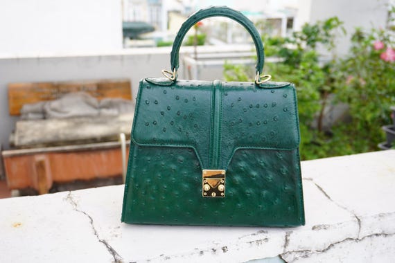 OSTRICH オリーブグリーン サイドバッグ Green Ostrich Genuine Leather Skin Women's Handbag/ Lady's