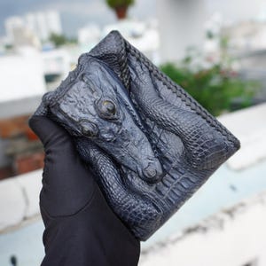 Portefeuille en cuir véritable bleu marine / Portefeuille en alligator / Portefeuille minimaliste / Portefeuille fait main / Portefeuille pour homme en alligator exotique haut de gamme
