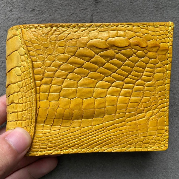 Yellow Alligator Genuine Leather Skin Men's Bifold Money Clips Wallet, Gift for him, Handmade Money Clips