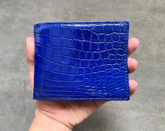 Cartera plegable para hombre con piel de vientre de cocodrilo genuina azul, cartera de cuero de lujo, regalos de cumpleaños
