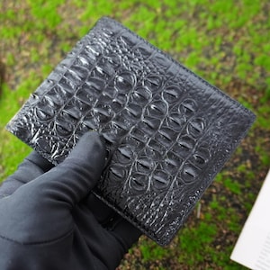 Cartera de cuero de cocodrilo de cuerno negro de doble cara / Cartera personalizada / Regalo de aniversario para él / Cartera para hombre / Cartera personalizada / Regalo para papá