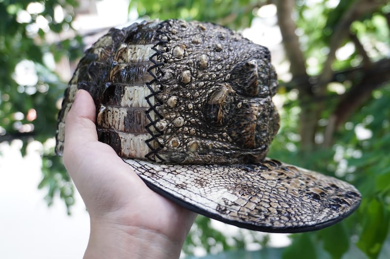 K&ouml;nnte beinhalten: Eine Baseballkappe mit einer strukturierten, reptilienartigen Optik. Die Kappe hat einen gebogenen Schirm und eine Krone mit einem Muster, das Krokodilhaut &auml;hnelt. Die Farbpalette umfasst Braun-, Beige- und Schwarzt&ouml;ne.