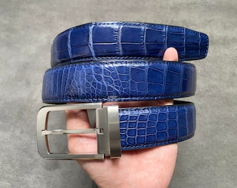 Ceinture pour hommes en cuir de ventre véritable alligator bleu marine W 1,3 pouces / cadeau Saint-Valentin / cadeau pour lui