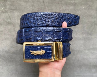 Ceinture pour hommes en cuir de corne d’alligator véritable bleu marine W 1,3 pouces, cadeaux d’anniversaire, cadeaux pour lui