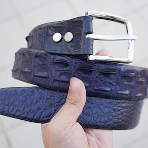 Navy Blue Handmade Genuine Alligator Horn Leather Skin Men&#39;s Belt W 1.5 Inch With Silver Pin Buckle, Birthday gifts , Golf Belt, Work Belt
