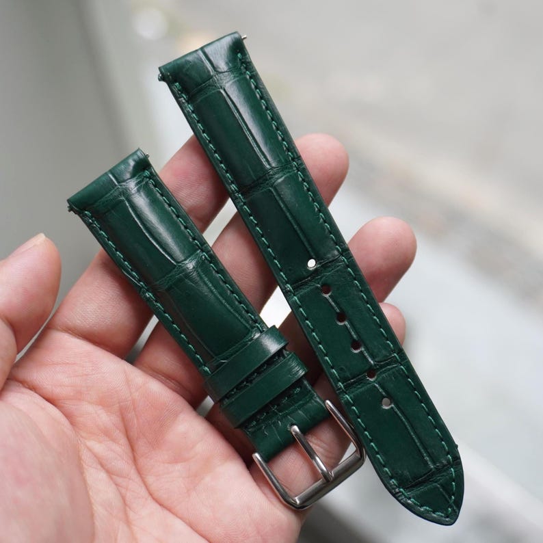 Handmade Green Genuine Alligator Belly Leather Men Luxury Quick Release Watch Strap/ Leather Watch Band/ Size 18mm 19mm 20mm 21mm 22mm image 4