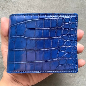 Marineblauwe alligator echte buik lederen huid heren bifold portemonnee, gepersonaliseerde portemonnee