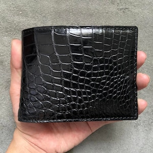 Portefeuille à deux volets pour hommes en cuir véritable ventre d'alligator noir, portefeuille en cuir exotique haut de gamme, cadeau pour lui