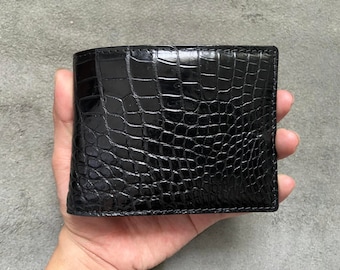 Black Alligator Belly Genuine Leather Men's Bifold Wallet, Premium Exotic Leather Wallet, Gift for him