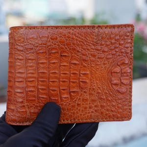 Cartera de piel de asta de cocodrilo marrón tostado para hombre, billetera plegable de gran capacidad, billetera personalizada para hombre, regalo de aniversario para él, billetera para hombre