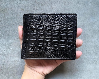 Cartera plegable para hombre de piel de cocodrilo genuina negra de doble cara, cartera de cuero exótico premium, regalo para él
