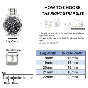 May include: A guide on how to choose the right strap size for a watch. The guide includes a diagram showing how to measure your wrist and a table with different lug and buckle widths in millimeters.