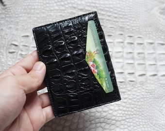 Black Luxury Minimalist Mini Slim Double Sides Alligator Horn Leather Bifold Card Case Mens/ Card Holder Wallet/ Men Wallet/ ID Card Wallet