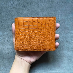 Portefeuille à deux volets orange en cuir de vachette d'alligator véritable pour hommes/Portefeuille personnalisé/Portefeuille exotique haut de gamme pour homme