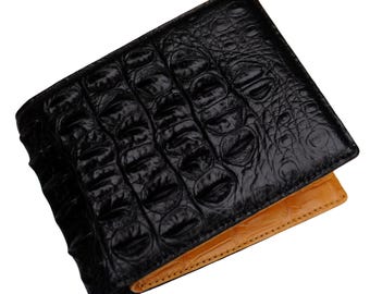Double Sides Black-Yellow Alligator Horn Leather Wallet With ID Flap/ Personalized Wallet For Men/ Anniversary Gift For Him/Mens Wallet