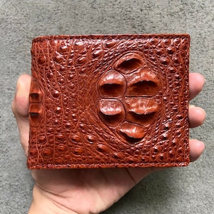 Cartera plegable para hombre de piel auténtica con cuerno de cocodrilo marrón, cartera de piel exótica de primera calidad, regalo para él