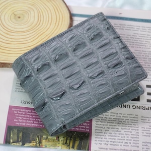Portefeuille double face en cuir d'alligator gris avec pochette pour carte d'identité/portefeuille personnalisé pour homme/cadeau d'anniversaire pour lui/portefeuille pour homme