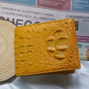 Portefeuille double face en cuir corne d'alligator jaune fait main avec pochette pour carte d'identité/portefeuille personnalisé pour homme/cadeau d'anniversaire/portefeuille pour homme