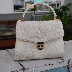 White Geniune Alligator Horn Leather Top Handle Bag/ Designer Bag/ Handmade Bag/ Alligator Cross Body Bag/ Gift For Her/ Birthday Gift