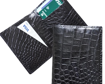 Luxury Minimalist Black Mini Slim Alligator Belly Leather Bifold Card Case, Card Holder Wallet, Men Wallet, ID Card Wallet