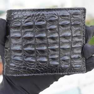 両面ブラックアリゲーターホーンレザー二つ折り財布/男性用パーソナライズ財布/彼への記念日の贈り物/メンズ財布/カスタム財布