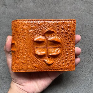 Oranje alligatorhoorn lederen portemonnee voor heren, premium exotische leren portemonnee, cadeau voor hem
