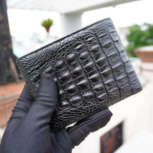 Cartera plegable de piel de asta de caimán negra para hombre/ Cartera personalizada para hombre/ Regalo de aniversario para él/ Cartera para hombre/ Cartera de cuero de lujo