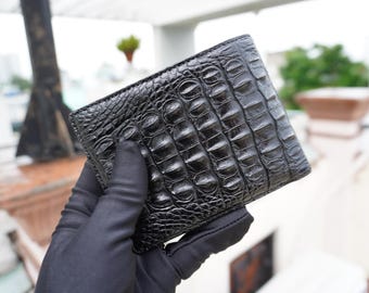 Cartera plegable de piel de asta de caimán negra para hombre/ Cartera personalizada para hombre/ Regalo de aniversario para él/ Cartera para hombre/ Cartera de cuero de lujo
