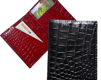 Burgudowy Czarny Minimalistyczny Mini Slim Dwustronny Aligator Belly Skórzany Bifold Etui na Karty, Portfel Na Karty, Portfel Męski, Portfel Na Dowód Osobisty